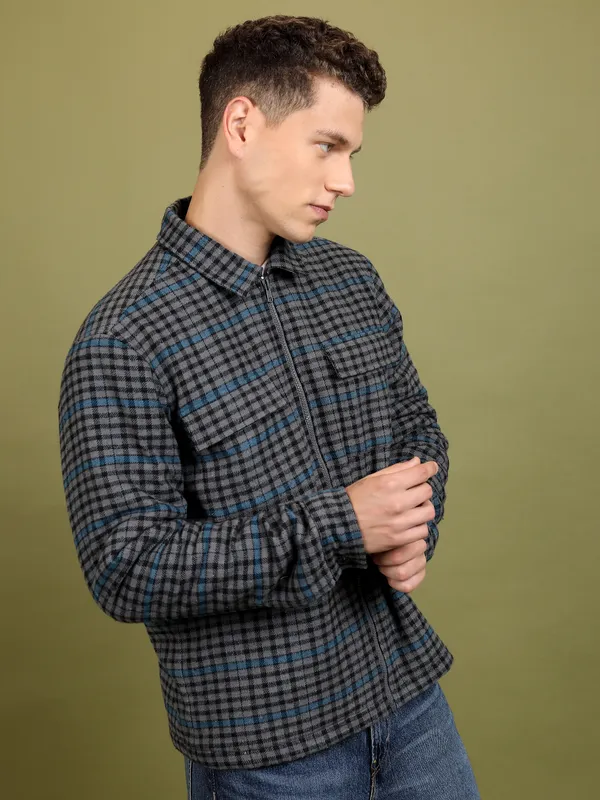 Highlander Men Grey Checked Open Front Jacket