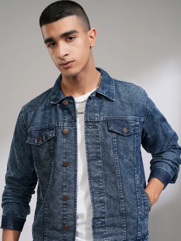 Highlander Men Blue Solid Denim Jacket