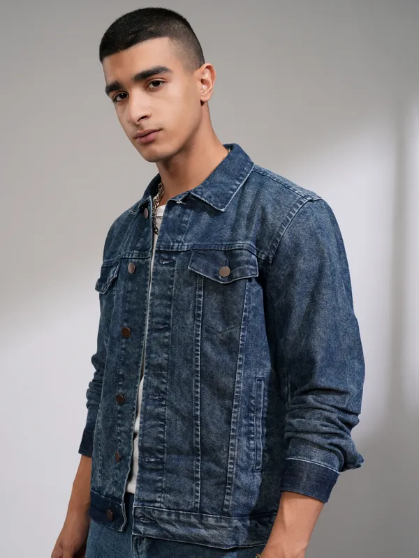 Highlander Men Blue Solid Denim Jacket