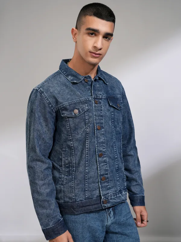 Highlander Men Blue Solid Denim Jacket