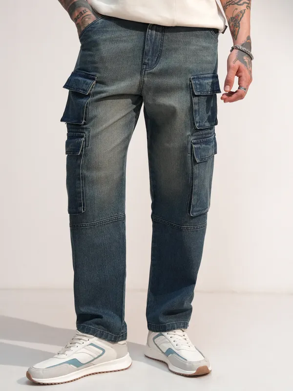 Highlander Men Blue Baggy Stretchable Cargo Jeans