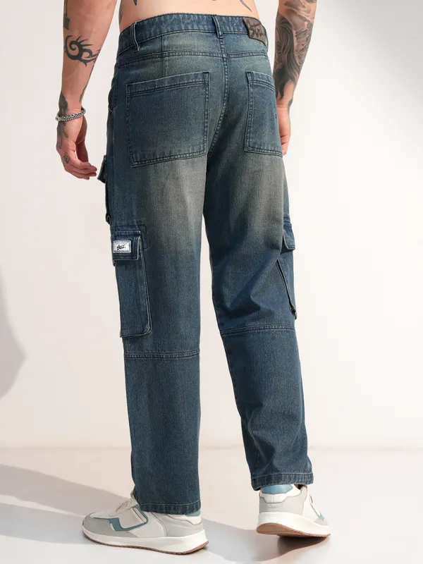 Highlander Men Blue Baggy Stretchable Cargo Jeans