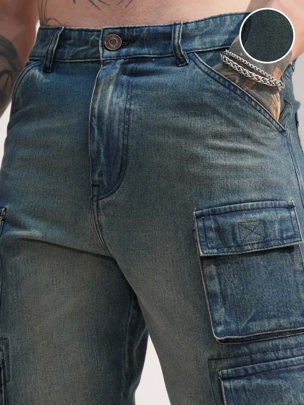 Highlander Men Blue Baggy Stretchable Cargo Jeans