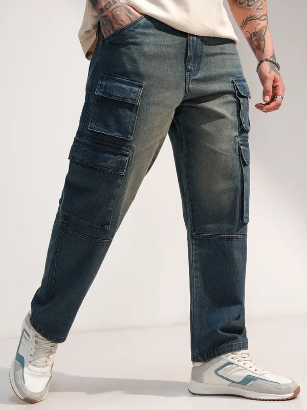 Highlander Men Blue Baggy Stretchable Cargo Jeans