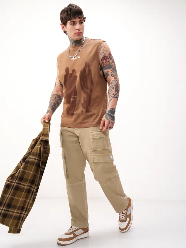 Highlander Men Khaki Baggy Stretchable Jeans