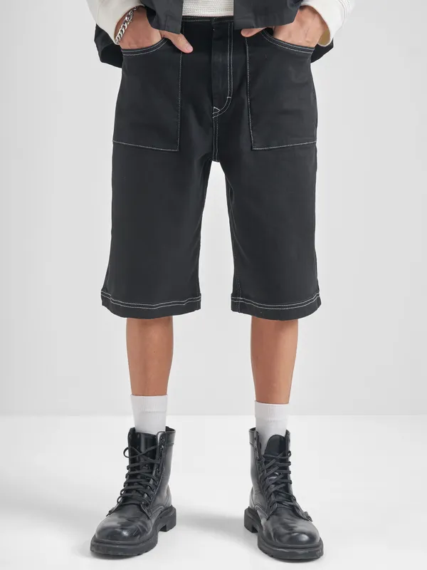 Highlander Men Black Baggy Fit Denim Shorts