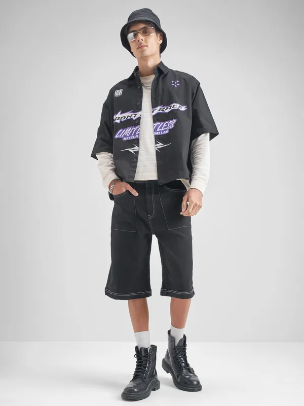 Highlander Men Black Baggy Fit Denim Shorts