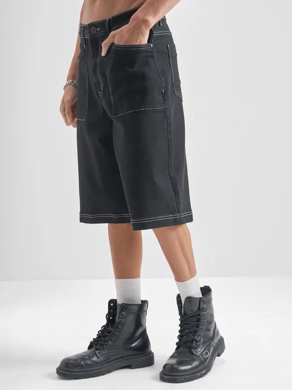 Highlander Men Black Baggy Fit Denim Shorts