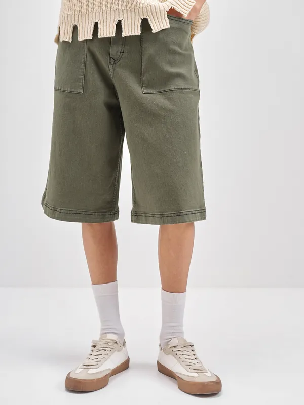 Highlander Men Olive Baggy Fit Denim Shorts