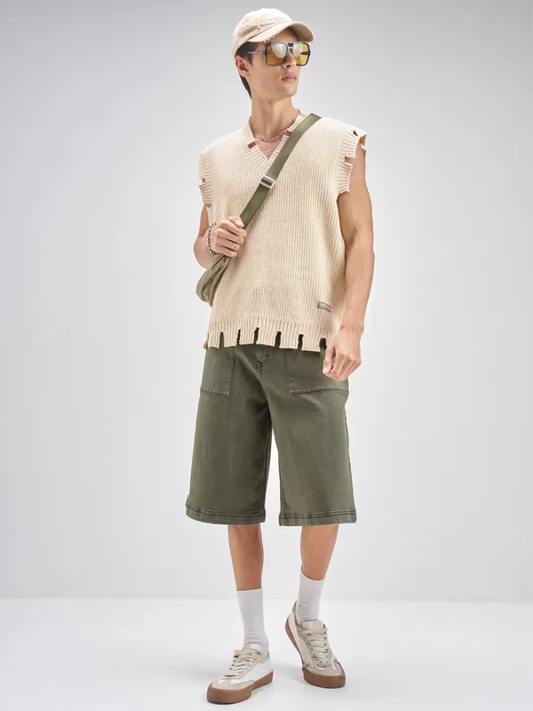 Highlander Men Olive Baggy Fit Denim Shorts