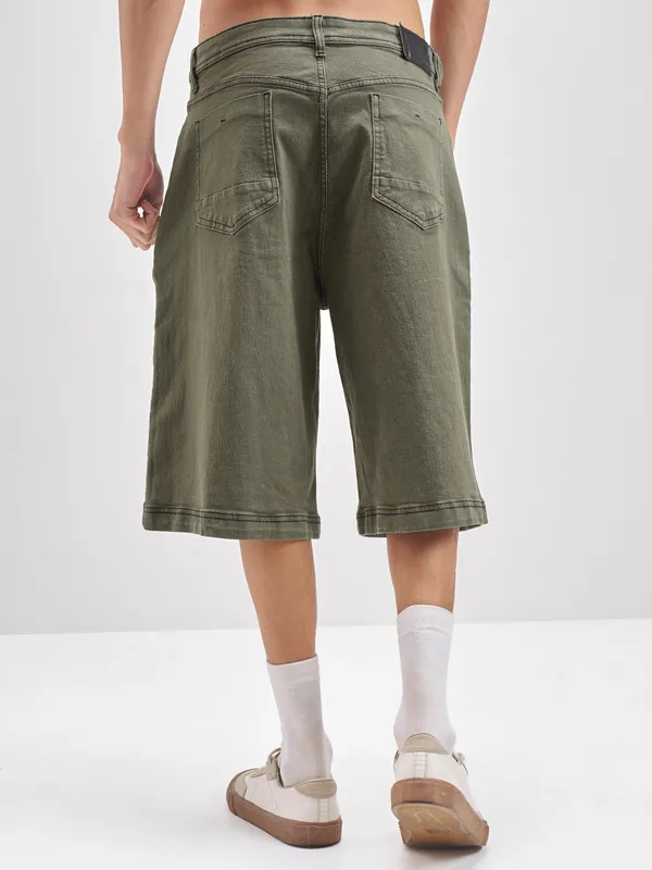 Highlander Men Olive Baggy Fit Denim Shorts