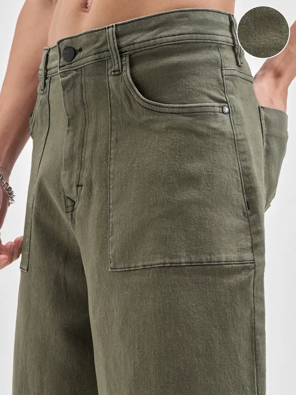 Highlander Men Olive Baggy Fit Denim Shorts