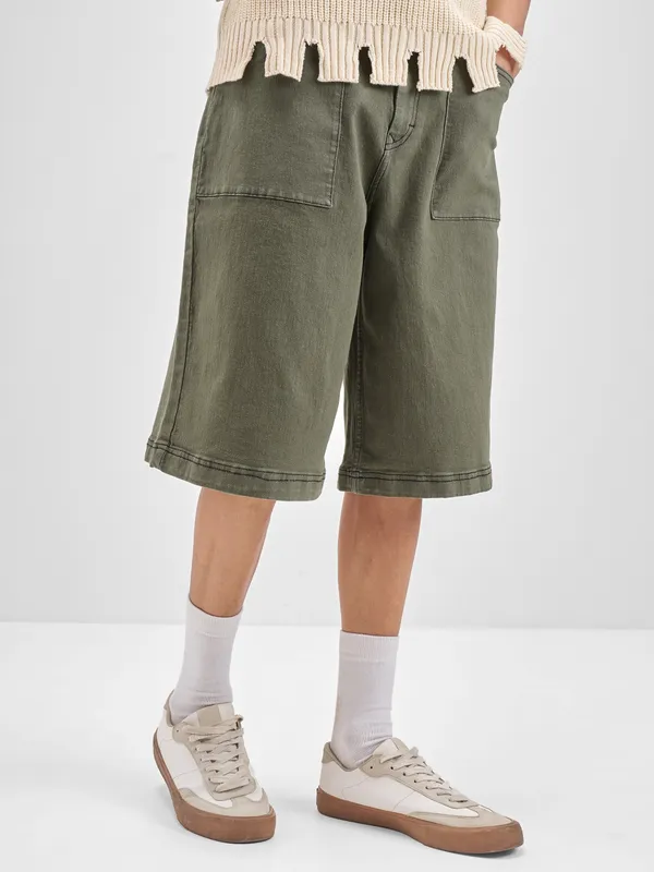 Highlander Men Olive Baggy Fit Denim Shorts