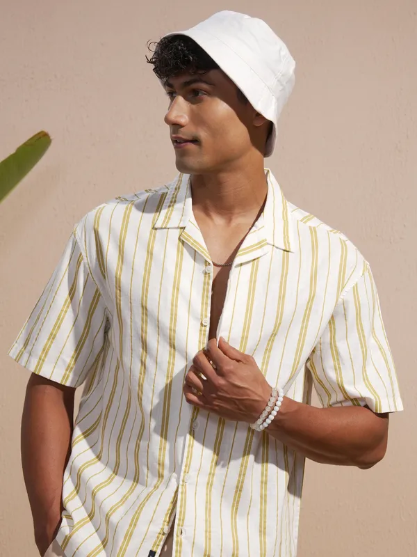 Highlander Men Olive Striped Oversized Fit Casual Shirt