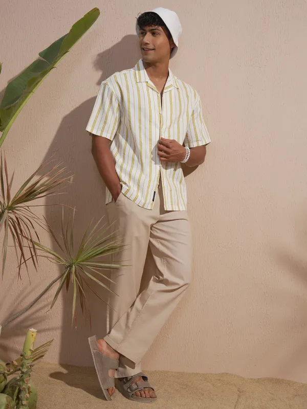 Highlander Men Olive Striped Oversized Fit Casual Shirt