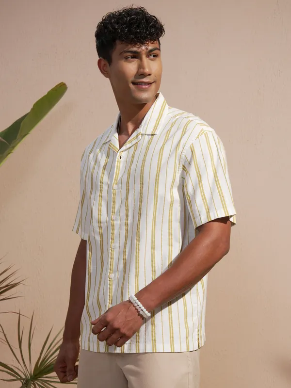Highlander Men Olive Striped Oversized Fit Casual Shirt