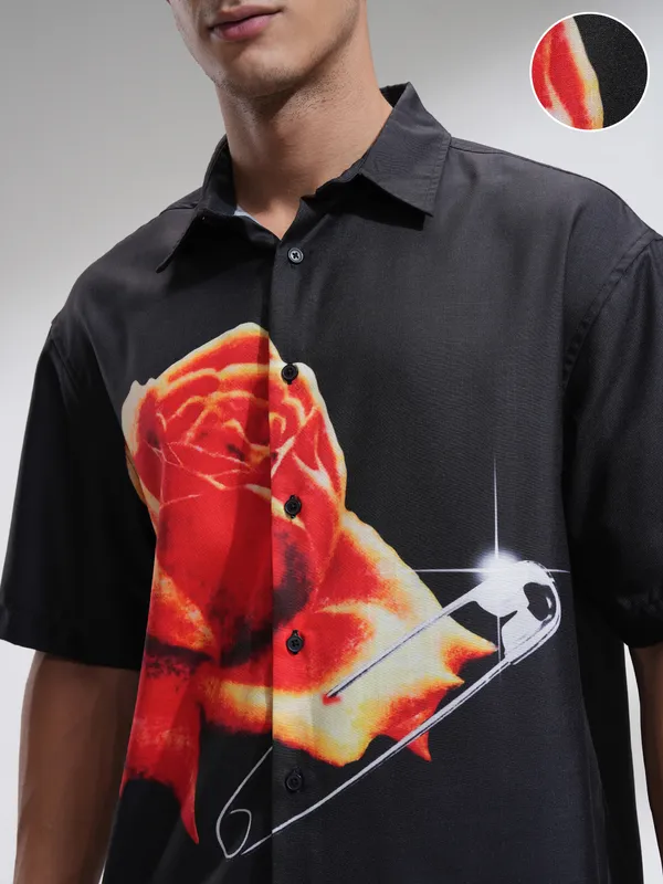 Highlander Men Black Printed Oversized Fit Casual Shirt