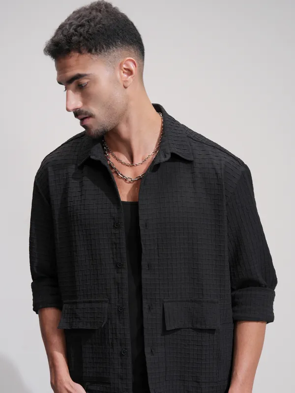 Highlander Men Black Self Design Oversized Fit Casual Shirt