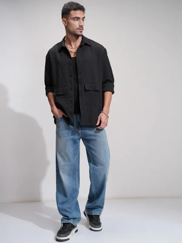 Highlander Men Black Self Design Oversized Fit Casual Shirt
