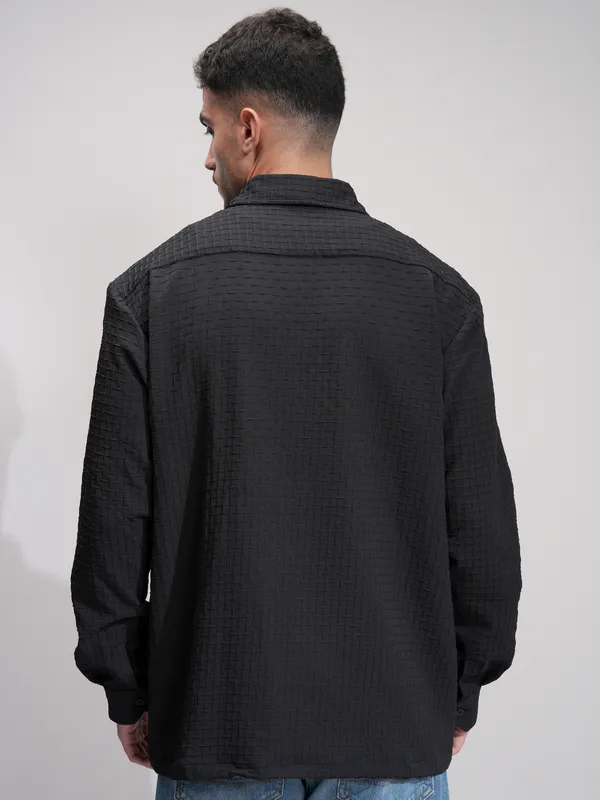 Highlander Men Black Self Design Oversized Fit Casual Shirt