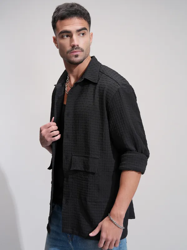Highlander Men Black Self Design Oversized Fit Casual Shirt