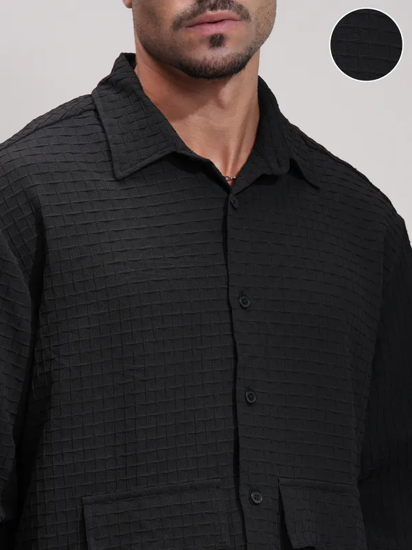 Highlander Men Black Self Design Oversized Fit Casual Shirt