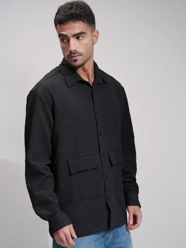 Highlander Men Black Self Design Oversized Fit Casual Shirt