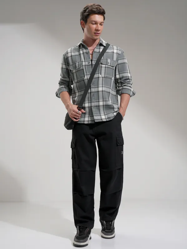 Highlander Men Grey Checked Oversized Fit Casual Shirt