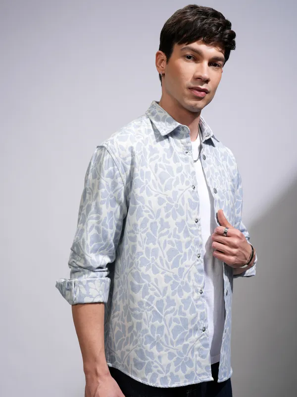 Highlander Men White Textured Oversized Casual Shirt