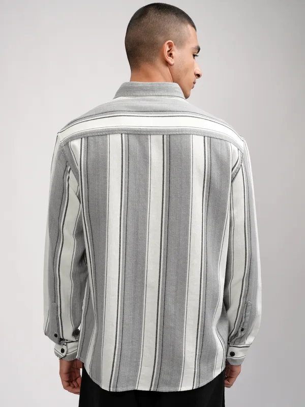 Highlander Men Off White Striped Oversized Fit Casual Shirt