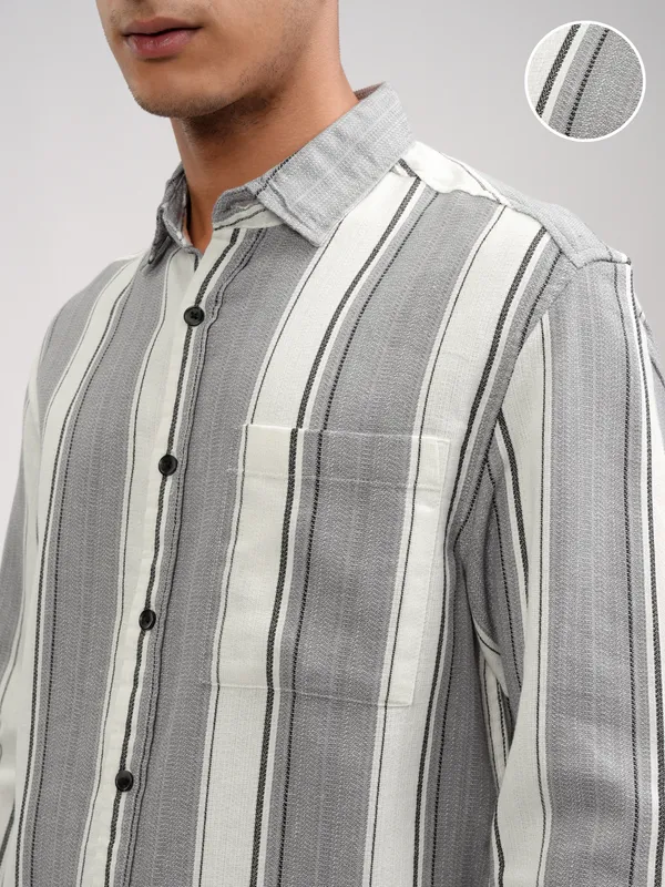 Highlander Men Off White Striped Oversized Fit Casual Shirt