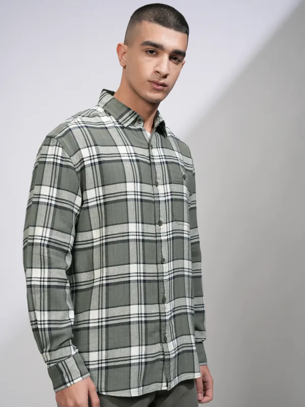 Highlander Men Green Checked Oversized Fit Casual Shirt