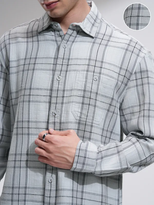 Highlander Men Grey Checked Oversized Fit Casual Shirt