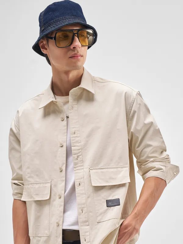 Highlander Men Cream Striped Relaxed Fit Casual Shirt