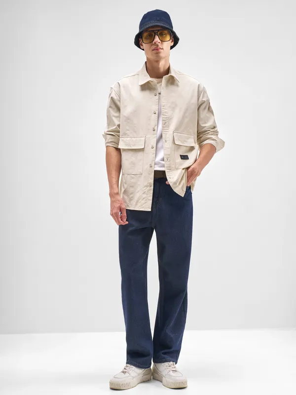 Highlander Men Cream Striped Relaxed Fit Casual Shirt