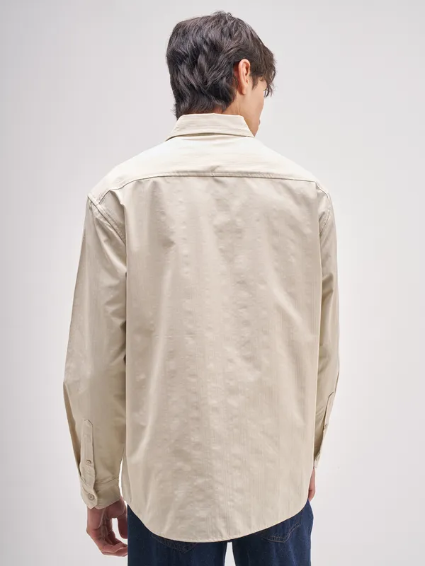 Highlander Men Cream Striped Relaxed Fit Casual Shirt