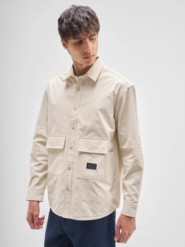 Highlander Men Cream Striped Relaxed Fit Casual Shirt