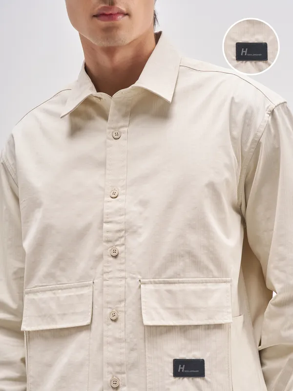 Highlander Men Cream Striped Relaxed Fit Casual Shirt