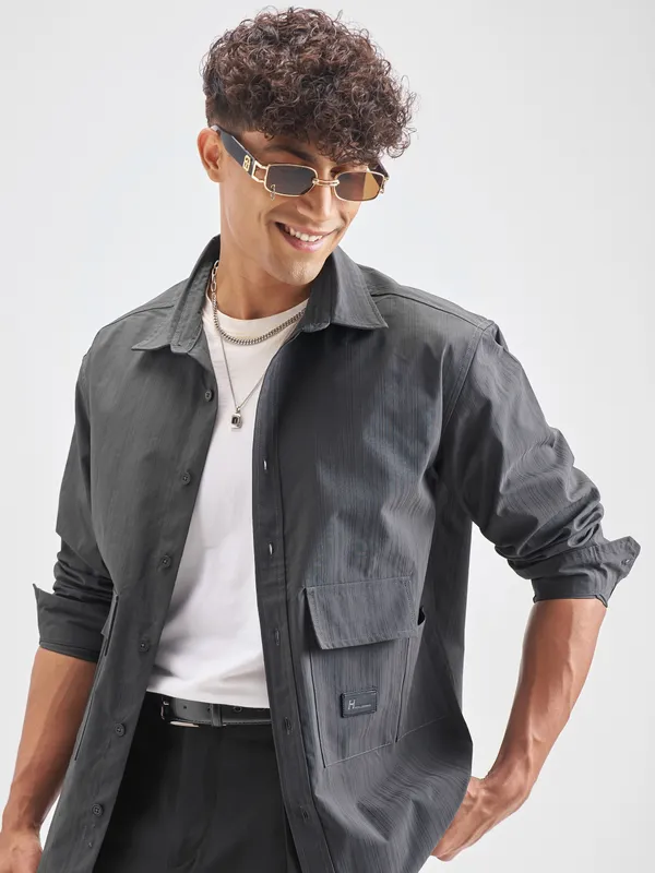 Highlander Men Grey Self Design Oversized Fit Casual Shirt