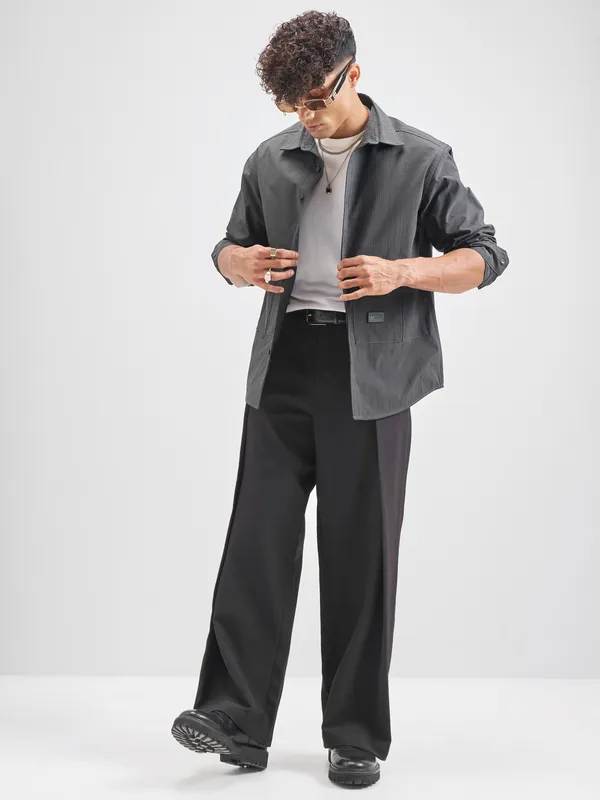 Highlander Men Grey Self Design Oversized Fit Casual Shirt