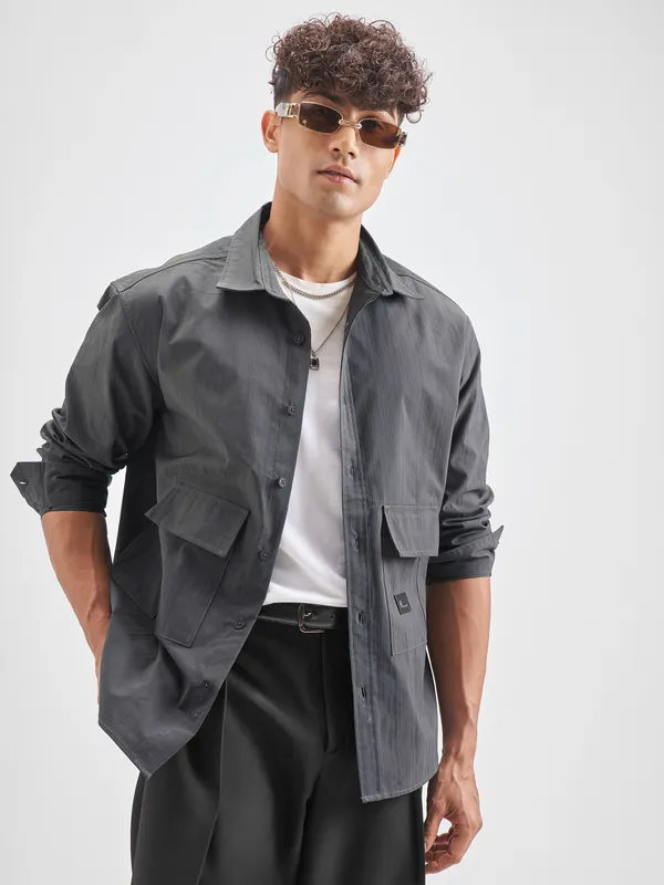 Highlander Men Grey Self Design Oversized Fit Casual Shirt