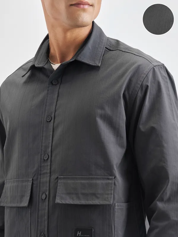 Highlander Men Grey Self Design Oversized Fit Casual Shirt