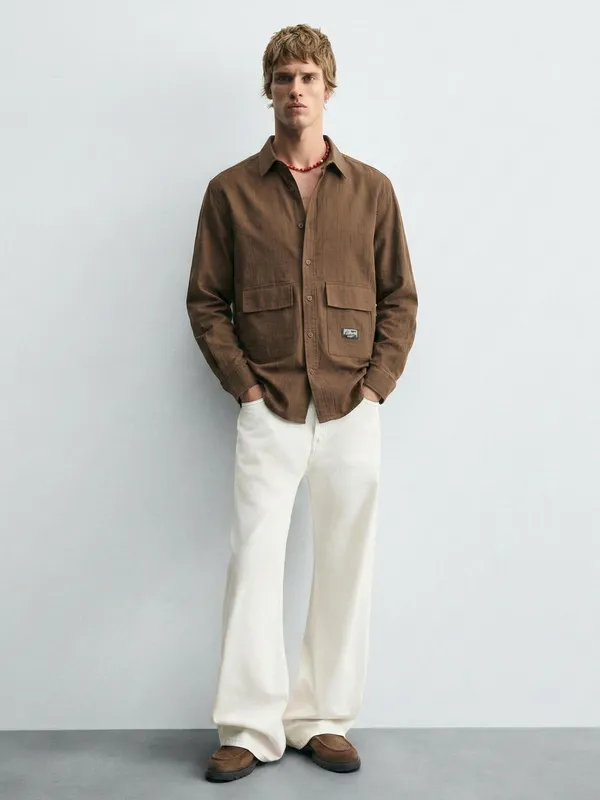 Highlander Men Khaki Self Design Oversized Fit Casual Shirt