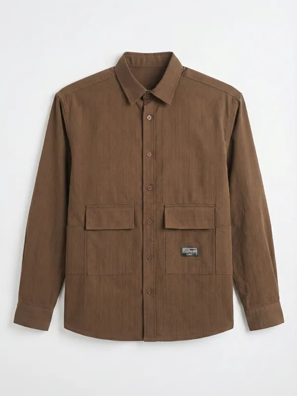 Highlander Men Khaki Self Design Oversized Fit Casual Shirt