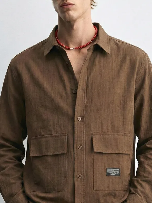 Highlander Men Khaki Self Design Oversized Fit Casual Shirt