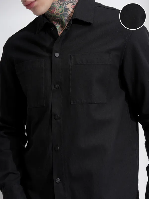 Highlander Men Black Self Design Oversized Fit Casual Shirt