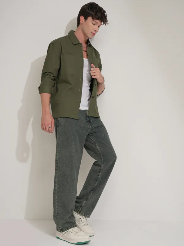 Highlander Men Green Self Design Oversized Fit Casual Shirt
