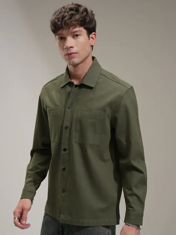 Highlander Men Green Self Design Oversized Fit Casual Shirt