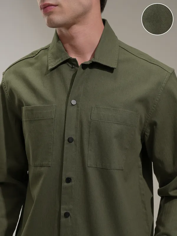 Highlander Men Green Self Design Oversized Fit Casual Shirt