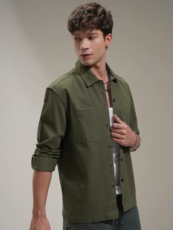 Highlander Men Green Self Design Oversized Fit Casual Shirt